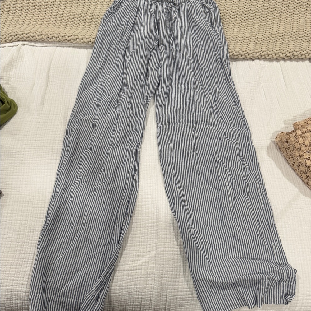 Linen Striped Pants - Blue and White